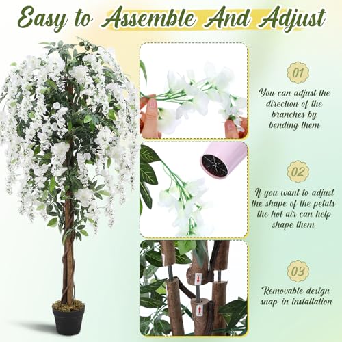 Thiccywoov 1 Pack 5ft Artificial Wisteria Tree Tall Fake Tree with Cement Base Pot Faux Floor Plant Decoration for Indoor Outdoor Home Office Housewarming Gift(White) - color: White