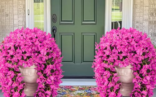 4Pcs Artificial Flowers Fake Hanging Plants for Outdoors | UV Resistant Realistic Silk Bougainvillea for Porch Patio Balcony Decoration (Purple) - color: Purple, size: 4 Pcs