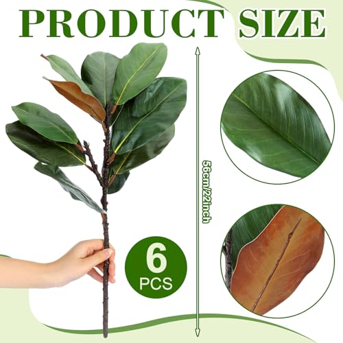 Thiccywoov 6 Pcs Magnolia Artificial Leaves Branches 3D Magnolia Pick Faux Stems Twigs Realistic Touch Faux Greenery Table Centerpiece for Spring Vase Filling Farmhouse Home Office (Green,22 Inch) - size: 22 inch
