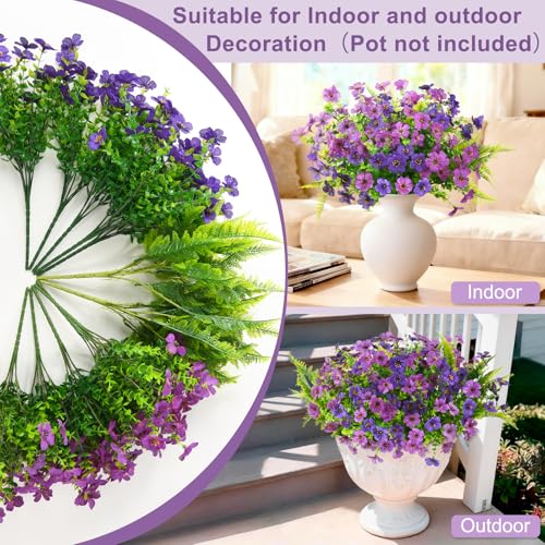 Artificial Flowers Hanging Baskets, Multicolor 12 Bundles Faux Flower with Ferns Outdoor Hanging Basket Spring Summer Decoration, Fake Flowers Plants for Porch Patio Balcony Home Yard Decor - color: Double Purple With Ferns