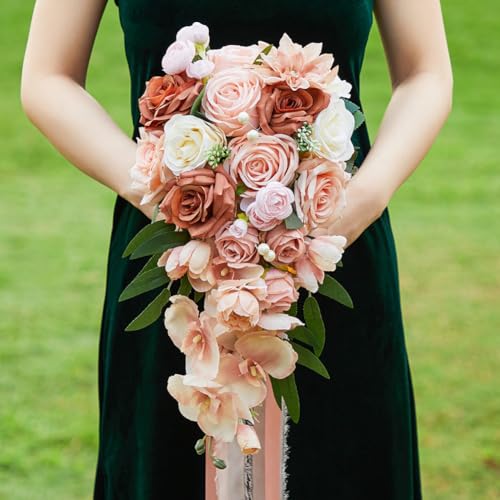 9.1Inch Peach Pink Cascading Bridal Bouquet for Bride Artificial Pink Rose Cascade Bridal Flower Bride Wedding Bouquet Peach Pink - color: Peach Pink