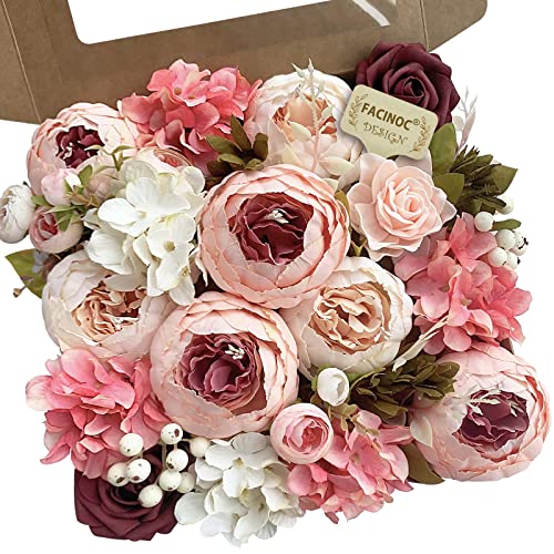FACINOC Peonies Artificial Flowers Pink Bouquet Box Set Fake Peony Bulk for DIY Bridal Baby Shower Decorations Wedding Centerpieces for Table Faux Silk Floral Arrangement Party Home Decor Indoor - color: C (Pink, Beige)
