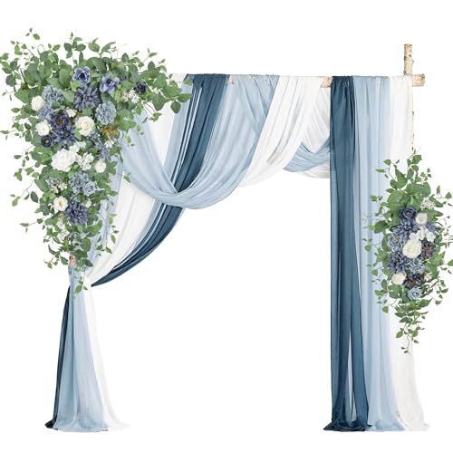 Wedding Arch Flowers with Drapes Kit (Pack of 5) - 2pcs Artificial Dusty Blue & Cream Deluxe Swag with 3pcs Hanging Drapes for Wedding Ceremony Arbor Reception Backdrop Rose Floral Decorations - color: Dusty Blue & Cream