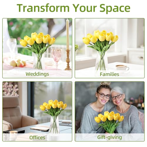 GarveeTech 10 Pcs Real Touch Artificial Tulips - PU Fake Tulip Stems with Glass Vase, Yellow Spring Flower Arrangement for Easter, Wedding, Home, Table Centerpiece Decor - color: Yellow, size: Tulip(10 Pcs)