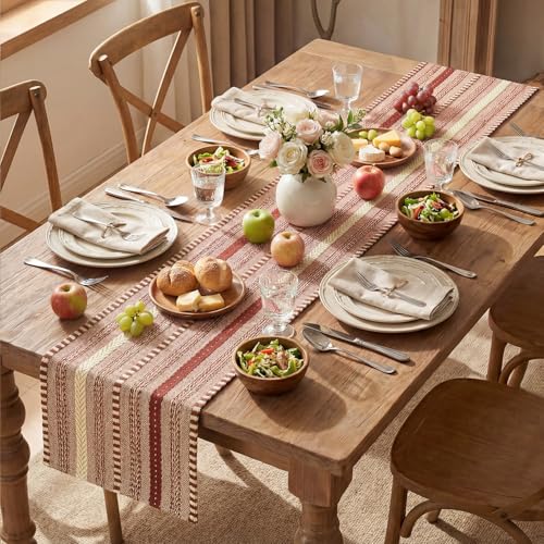 Artoid Mode Red Farmhouse Woven Table Runner, Seasonal Holiday Rustic Kitchen Dining Table Decoration for Home Party Decor 12x72 Inch - color: Red, size: 12" x 72", Table Runner
