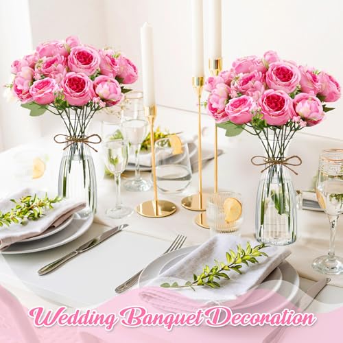 Thiccywoov 19 Pack Artificial Peony Flowers with Vase Bulk, 12 Bundles Faux Peony Bouquet 6 Vase with 1 Rope Silk Flower Arrangement Wedding Table Centerpiece for Wedding Bridal Shower(Cherry Pink) - color: Cherry Pink