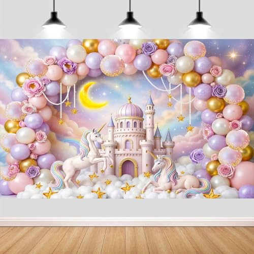5X3ft Princess Castle Balloon Arch Backdrop Rainbow Clouds Unicorn Fairy Tale Photography Background for Birthday Wedding Baby Shower Cake Table Decoration Photo Booth Wall Decor Banner - color: Multi8, size: 5X3FT