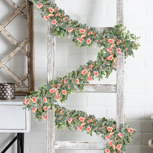 Flower Garland Rose Vine 4Pcs 28FT Artificial Floral Garland with Green Leaves Hanging Rose Vine for Wedding Party Garden Home Wall Decor (Pink) - color: Pink