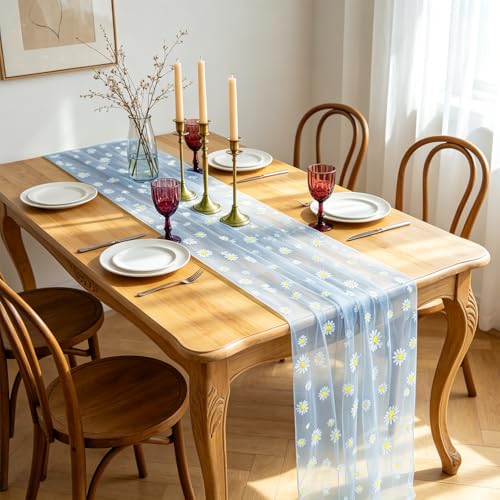 Daisy Gauze Table Runner 120 Inch 10FT, Floral Flower Tulle Table Runner Seasonal Kitchen Dining Table Decorations for Party Wedding Christmas Holiday Birthday (Blue) - color: Blue