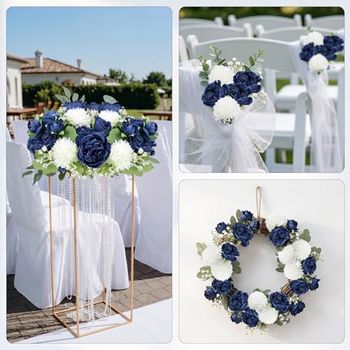 16 Bundles Artificial Flowers Peonies Bulk, Navy Blue Silk Fake Flower for DIY Bouquet Faux Peony Floral Arrangements for Vase Centerpiece Home Wedding Party Centerpiece - color: Navy Blue & White