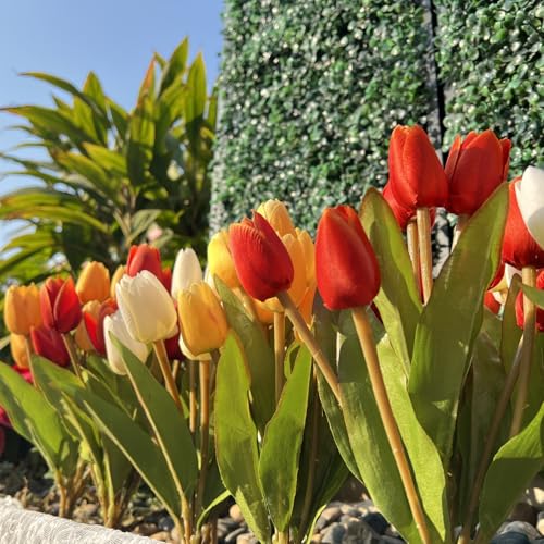 Artificial Fake Flowers for Spring Summer Outdoor Decoration,6 Bundles Shyshining Realistic UV Resistant Silk Fabric Colorful Tulip Faux Plants for outside Planter Home Porch Patio Decor(White Orange) - color: White Yellow Orange