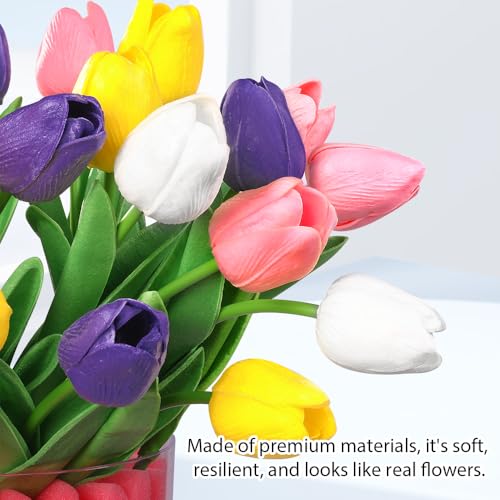 JOICEE Easter Decorations, 15pcs Artificial Tulips with 48pcs Sponge Bunnies Vase Filler Set Fake Tulips Flowers for Easter Decor Spring Home Kitchen Table Centerpieces Decoration