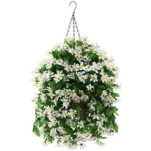 INQCMY Artificial Hanging Flowers in Basket for Patio Garden Decoration,Faux Silk Violet in Planter UV Resistant Realistic for Outside Home Porch Balcony Yard Decor(White) - color: White