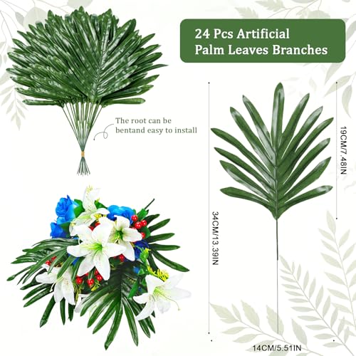 24 PCS Artificial Fern Stems - Silk Green Fern Cemetery Flower Leaf,Faux Cemetery Palm Leaves with Stems,Fake Palm Fronds Greenery Stems Fern Leaves for Cemetery Saddles Headstone DIY Floral Decor - size: 24pcs