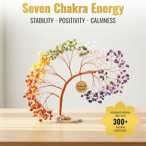 7 Chakra Tree of Life Crystal Tree | Healing Crystals & Stones | Handmade Bonsai Birthday Gift for Women, Mom, Sister & Friends | Brings Positivity, Money & Good Luck | Boho Home & Office Decor - color: N7- 7 Chakra Healing Crystal Tree Slice Base 300 Bea