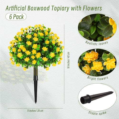 Yunlly Set of 6 Artificial Boxwood Topiary Ball Tree 16 Inch Outdoor Topiary Tree with Flower Fake Bushes, UV Resistance Faux Shrubs Evergreen Plant with Spike for Front Porch Indoor Decor (Yellow) - color: Yellow