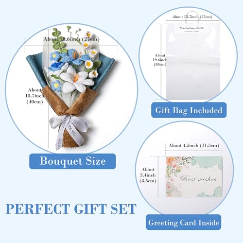 Crochet Flower Bouquet, Handmade Knitted Tulip Faux Crochet Flowers for Home Decor Valentine’s Day Anniversary Weddings Birthdays Mother’s Day, Includes Gift Bag and Greeting Card (Blue) - color: Blue