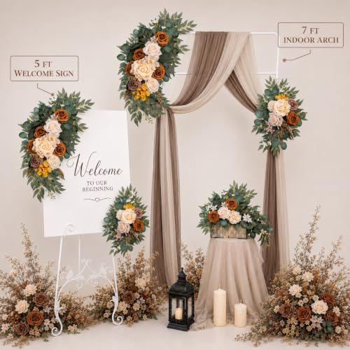 AitnWoy Artificial Wedding Arch Flowers Kit 2 PCS Dust Rose Flowers Silk Peony Floral Swag Welcome Sign for Wedding Ceremony Party Home Garland Decor - color: Brownish, size: 28" + 11"