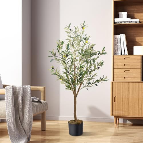 Artificial Fake Olive Tree 4FT Tall 1Pack Faux Silk Olive Tree for Home Living Room Office Decor Faux Artificial Plants Indoor Fake Potted Plants with Fruit & Free Moss - size: 4ft