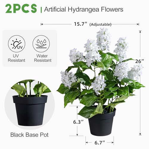 2 Pack Large Faux Hydrangea Plants UV Resistant Fake Plastic plantas Flowers Trees Indoor Outdoor Realistic Floor Plants Artificial Tree for Home Porch Garden Office Porch Patio Front Bonsai Decor - color: 9 Heads, size: 26 IN White