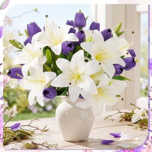 Giegxin 18 Pcs Artificial White Lilies with Purple Tulips, Latex Fake Tiger Lily Bouquet for Spring Home Church Wedding Decorations, Faux Tulips Floral Arrangement - color: White, Purple, style: Lily, Tulips