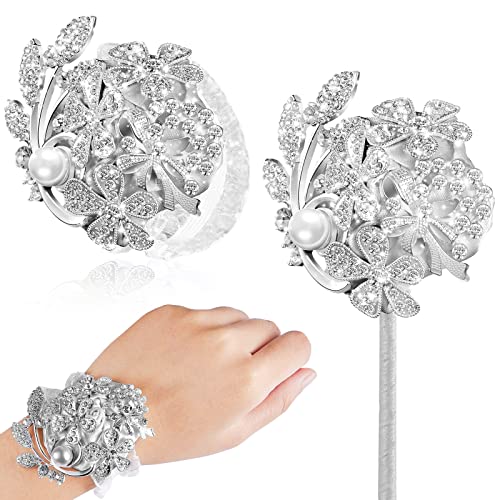 Yunsailing 2 Pcs Rhinestone Wrist Corsage and Boutonniere Set - Artificial Flower Corsage Wristlet for Wedding Prom Homecoming Bridesmaid Bridal Shower Anniversary Formal Event(Silver Gray,Pearl) - color: Silver Gray, style: Pearl