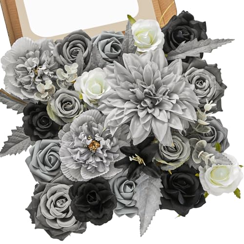 Serwalin Artificial Flowers Grey Fake Flowers Box Set, Silk Flowers with Stems, Faux Wedding Flower Cake Flowers for DIY Wedding Bouquets Bridal Shower Centerpieces Floral Arrangements Decor - color: Black & Grey, size: Square