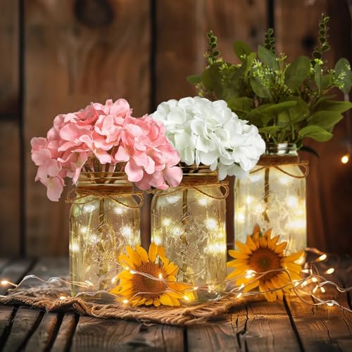 Set of 3 Mason Jar with Lights White Hydrangea Decorative Jars Flower Vase Farmhouse Table Centerpiece for Home Wedding Event Party Decor - color: Jar-white Hydrangea
