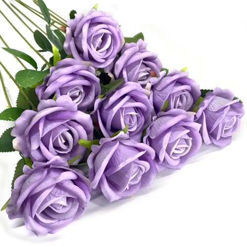10 PCS Artificial Roses with Long Stems Silk Flowers Realistic Foam Flowers Fake Roses for Valentine's Day Home Wedding Halloween Decor(Light Purple) - color: Light Purple