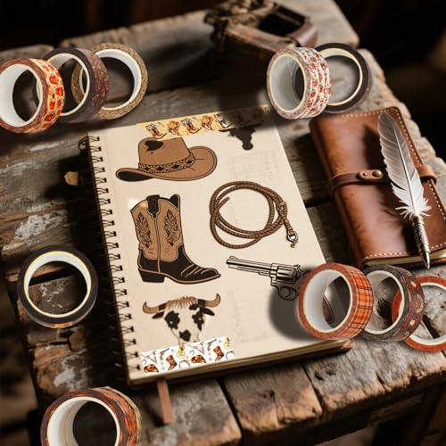 12 Rolls Western Washi Tapes, Wild West Cowboy Masking Tapes, Cowboy and Cowgirl Decorative Adhesive Stickers for Handbook Sticker Scrapbook Journaling Party Supplies DIY Craft Gift Wrapping 16.4FT - color: F