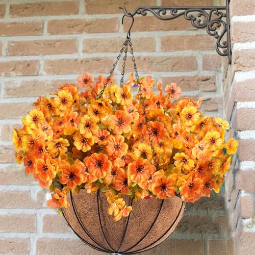 Orgrimmar 2pcs Artificial Fall Mums Hanging Basket Fake Flower Plant Orange | UV Resistant Realistic Silk Mums & Eucalyptus, Coconut Lining Baskets for Home Porch Balcony Patio Yard - color: Orange
