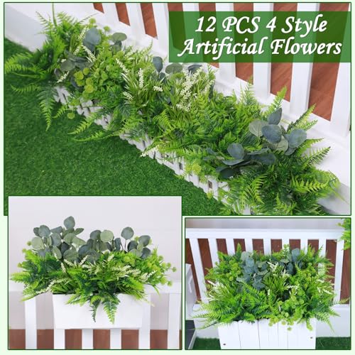 12 Bundles 4 Styles Artificial Plants Outdoor Summer Decor, UV Resistant No Fade Artificial Flowers Faux Plants Fern Lavender Eucalyptus Plastic Greenery Shrubs for Outside Porch Garden Home Cemetery - size: 12 Pack