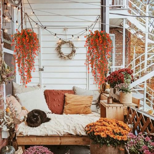 SJL Hanging Greenery Fake Plant 4pcs Artificial Hanging Plants Flower Plastic Leaves Flowers Fall Eucalyptus Palnts Outdoor Vines Decor Eucalyptus Real Touch for Patio Living Room (Salmon) - color: Tangerine
