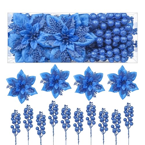 Alupssuc 24 Pieces Christmas Tree Decorations, 12 PCS Blue Poinsettia Flowers Artificial and 12 PCS Glitter Christmas Tree Picks for Christmas Decorations Party Wreath Fireplace Stairs, Blue - color: Blue