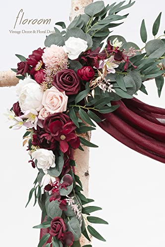 Floroom Arch Flowers with Drapes Kit (Pack of 4) - 2pcs Artificial Burgundy Floral Swag Arrangement with 2pcs Draping Fabric for Wedding Ceremony Arbor and Reception Backdrop Decoration - color: Burgundy & Blush