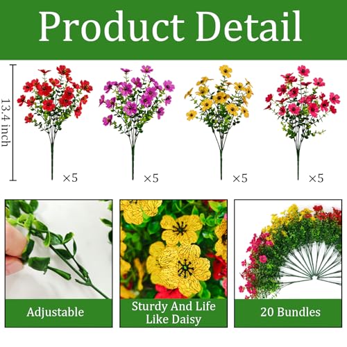 20 Pcs Artificial Flowers for Outdoors Fake Flowers UV Resistant, Artificial Plants Outdoor Indoor Faux Plastic Fake Plants for Planter Front Door Garden Porch Yard Home Decor(Pink Red Purple Yellow) - color: Pink Red Purple Yellow, size: 20 Pcs