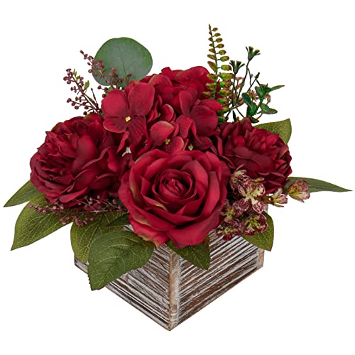 Flower Arrangement with Wooden Vase 8" Artificial Flowers in Pot - Fake Flowers Roses Peonies Hydrangeas in Wooden Vase Potted Artificial Flower Centerpieces for Table Decor Living Room - Red - color: 8"h Burgundy Red