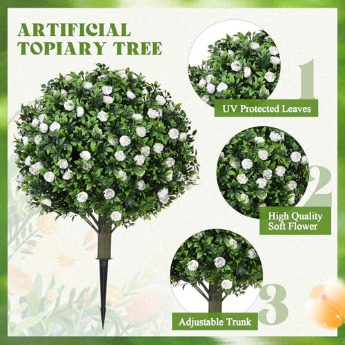 Lunmon 2 Pack 24" Artificial Topiary Ball Plants Trees with Flowers, Outdoor Fake Topiary Plants with Ground Spike, UV Resistant Faux Bushes for Indoor Outdoor Front Door Decor (White,Rose) - color: White, style: Rose