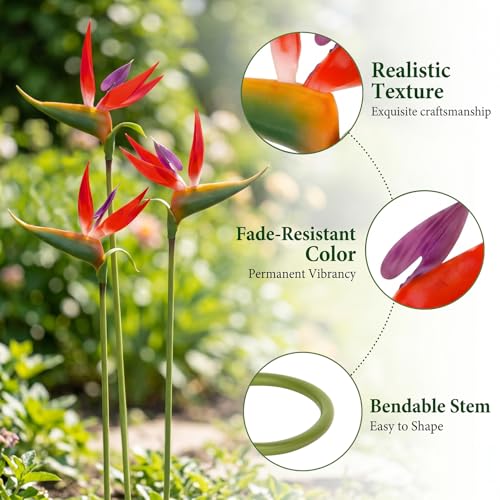 RAINFLOW Bird of Paradise Artificial Plant - 2PCS 24" UV Resistant Artificial Outdoor Plants Birds of Paradise Plant Artificial Giant Flowers for Decoration Hawaiian Party Hawaiian Flowers(Red) - color: Red