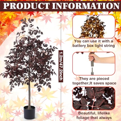 4ft Fall Plum Cimicifuga Stems Seeded Tree Artificial Thanksgiving Ficus Leaf Tree Plant Decor Autumn Halloween Faux Decor for Party Porch Fireplace Front Door Outdoor Indoor Decoration - color: Plum Color
