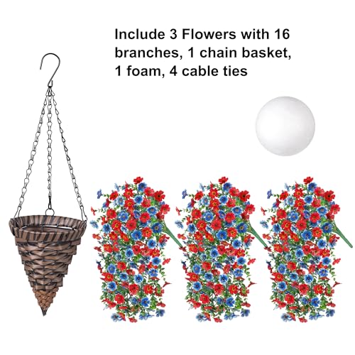 HyeFlora Artificial Hanging Flowers Basket for Outdoor, Fake Flowers Faux Plants Look Real for Yard Gardens Porch Patio Home (Blue+Red) - color: Blue+red