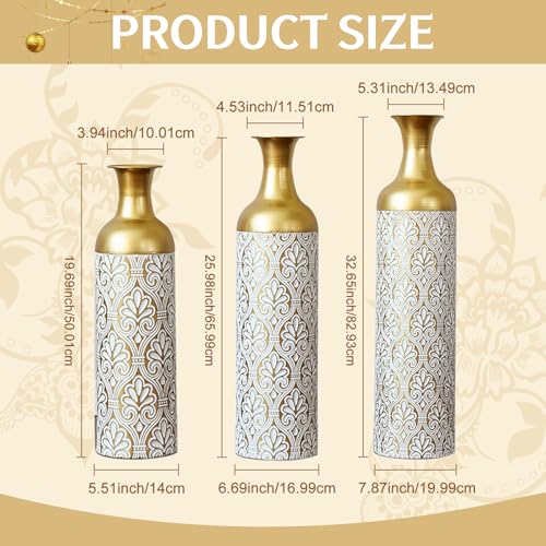 Floor Vases, Tall Home Decor Metal Vase Set of 3 Large Glazed Decorative Vases for Wedding Decor, Elegant Modern Flower Holder for Living Room, Entryway, Hallway (Golden White, Set of 3) - color: Golden White