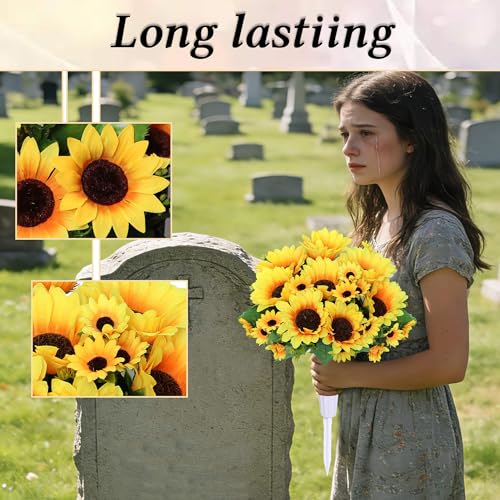 Artificial Cemetery Flowers for Grave Decorations - 4 Sunflower Bouquets with 2 Vases & Spikes - Lifelike Memorial Flowers for Cemetery Headstones Decoration ﻿ (Yllow)