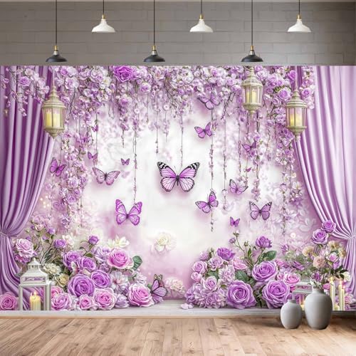 5X3ft Purple Butterfly Floral Backdrop for Photography Butterfly Flowers Theme Girls Party Decorations Background Wedding Baby Shower Tea Birthday Party Cake Table Decor Photo Booth Props - color: Multi2, size: 5x3ft