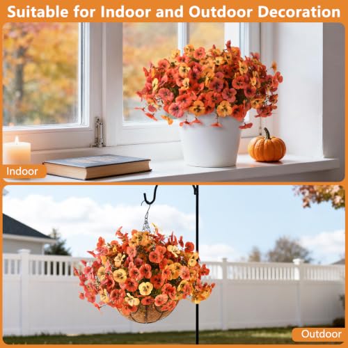 Artificial Fall Flowers for Outdoor, 12 Bundles Faux Pansy Fake Mums Flowers Plants Outdoor Fall Decor, UV Resistant No Fade Silk Flower for Porch Planter Patio Yard Garden(Orange Autumn Sunset Red) - color: Orange Autumn Sunset Red