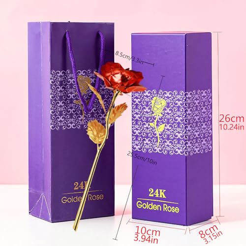 24K Red Rose Flower Creative Artificial Gold Dipped Rose Long Stem Forever Rose with Gift Box and Bag for Mother's Day Valentine's Day Birthday Anniversary Thanksgiving Day