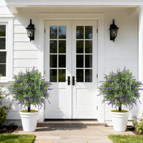 Artificial Topiary Bushes with Ground Spike Set of 2, Faux Boxwood Ball Trees for Outdoor, Fake Shrubs Bushes Decorations for Indoor Front Porch Garden - UV Resistant Faux Plants - Purple Lavender - color: Purple Lavender