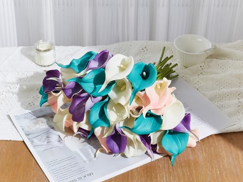 24 Pcs Artificial Calla Lily Flowers Colorful Fake Silk Flowers Real Touch for Wedding Bouquet Office Home Kitchen Decor - color: White-pink-teal-purple