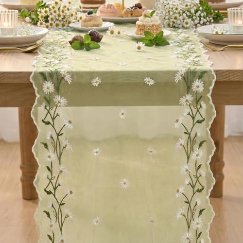 Artoid Mode Daisy Floral Yellow Shaped Gauze Embroidery Table Runner 120 Inch 10FT, Tulle Spring Summer Kitchen Dining Table Decor for Home Party - color: Yellow