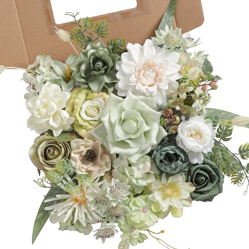 rongflower Forest Green Artificial Flowers Combo Box Set Silk Flowers Fake Rose for DIY Floral Arrangements Wedding Bouquets Centerpieces Baby Shower Party Home Decorations - color: Forest Green